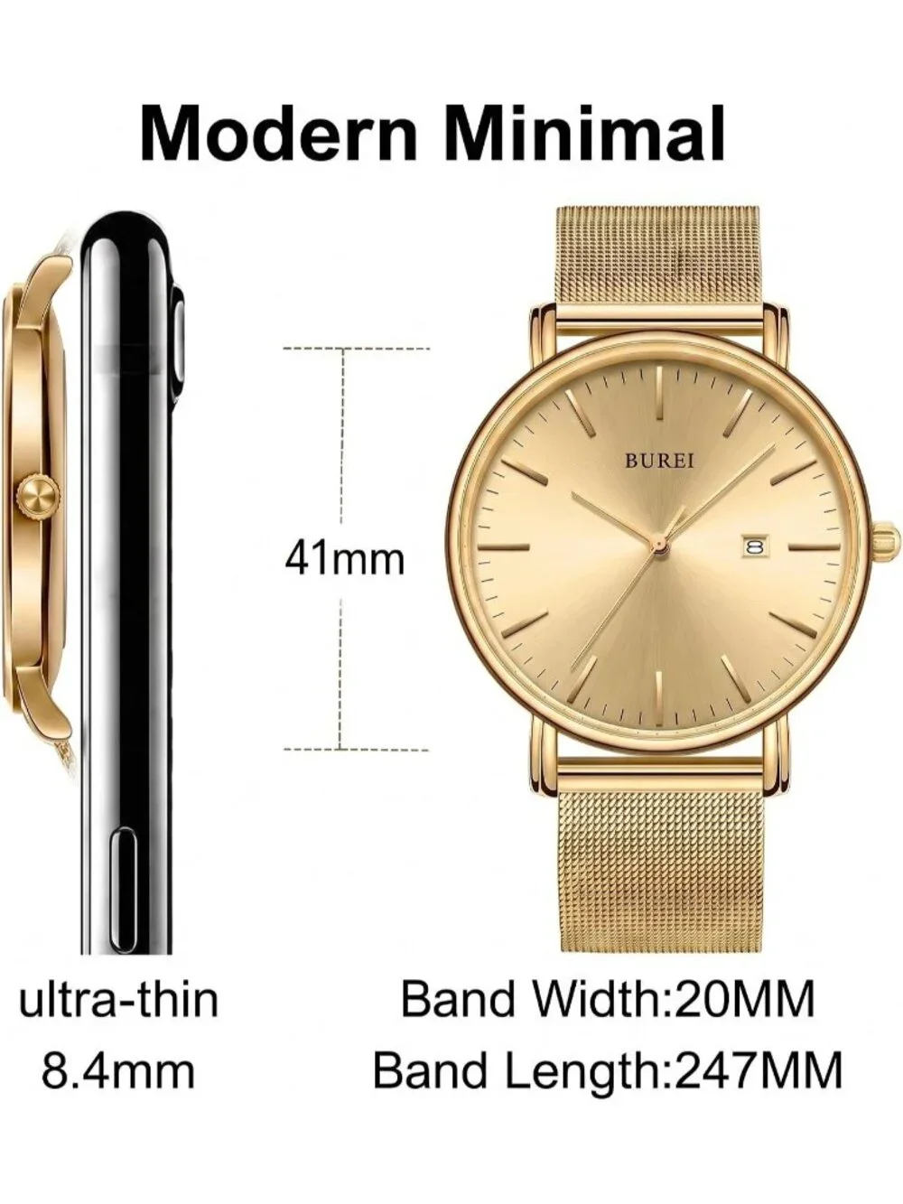 Men's Gold Stainless Steel Mesh Band Minimalist Analog Waterproof Wrist Watch